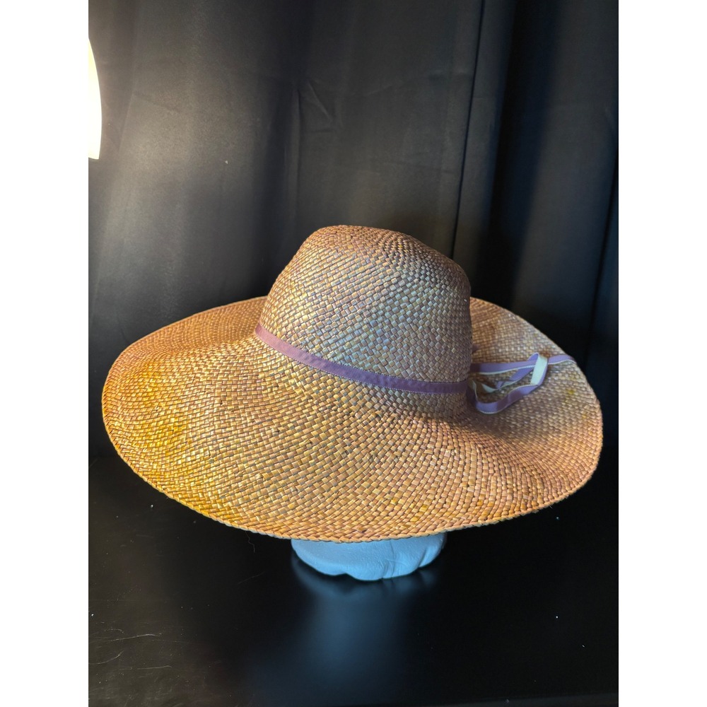 Betmar New York Woven Straw Sun Hat Wide Brim Purple Ribbon Tan Summer Beach